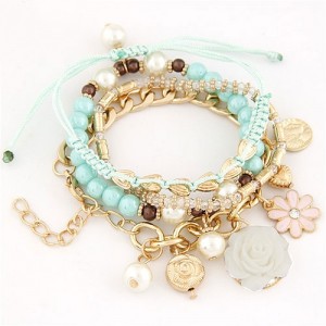 Assorted Flowers and Various Elements Pendant Design Multiple Layers Fashion Bracelet - Blue