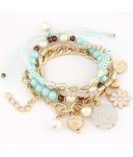 Assorted Flowers and Various Elements Pendant Design Multiple Layers Fashion Bracelet - Blue