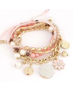 Assorted Flowers and Various Elements Pendant Design Multiple Layers Fashion Bracelet - Pink