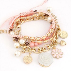 Assorted Flowers and Various Elements Pendant Design Multiple Layers Fashion Bracelet - Pink