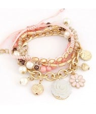Assorted Flowers and Various Elements Pendant Design Multiple Layers Fashion Bracelet - Pink