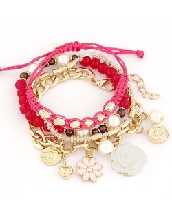 Assorted Flowers and Various Elements Pendant Design Multiple Layers Fashion Bracelet - Rose