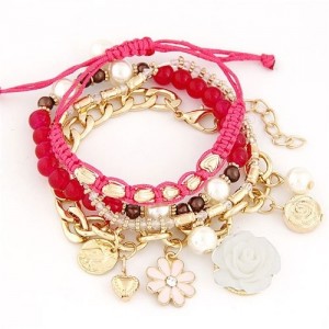 Assorted Flowers and Various Elements Pendant Design Multiple Layers Fashion Bracelet - Rose