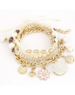 Assorted Flowers and Various Elements Pendant Design Multiple Layers Fashion Bracelet - White