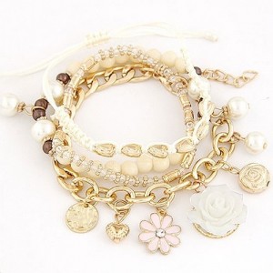 Assorted Flowers and Various Elements Pendant Design Multiple Layers Fashion Bracelet - White