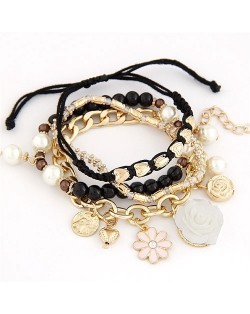 Assorted Flowers and Various Elements Pendant Design Multiple Layers Fashion Bracelet - Black