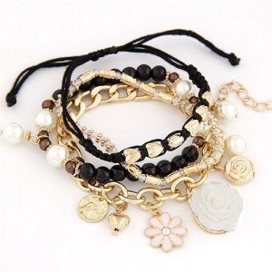 Assorted Flowers and Various Elements Pendant Design Multiple Layers Fashion Bracelet - Black