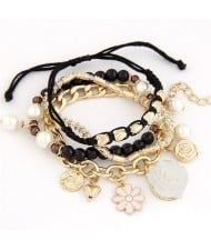 Assorted Flowers and Various Elements Pendant Design Multiple Layers Fashion Bracelet - Black