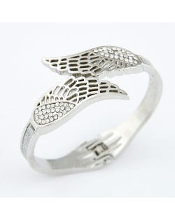 Czech Rhinestone Embellished Hollow Angel Wings Dull Polish Fashion Bangle - Silver