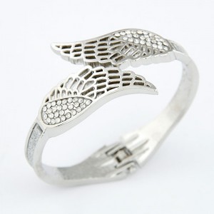 Czech Rhinestone Embellished Hollow Angel Wings Dull Polish Fashion Bangle - Silver