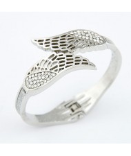 Czech Rhinestone Embellished Hollow Angel Wings Dull Polish Fashion Bangle - Silver