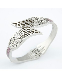 Czech Rhinestone Embellished Hollow Angel Wings Gradient Color Dull Polish Fashion Bangle - Silver