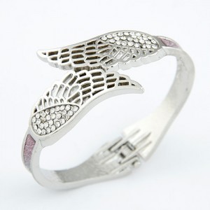 Czech Rhinestone Embellished Hollow Angel Wings Gradient Color Dull Polish Fashion Bangle - Silver