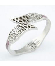 Czech Rhinestone Embellished Hollow Angel Wings Gradient Color Dull Polish Fashion Bangle - Silver