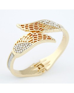 Czech Rhinestone Embellished Hollow Angel Wings Dull Polish Fashion Bangle - Golden
