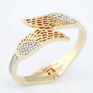 Czech Rhinestone Embellished Hollow Angel Wings Dull Polish Fashion Bangle - Golden