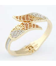 Czech Rhinestone Embellished Hollow Angel Wings Dull Polish Fashion Bangle - Golden