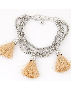 Multi-layer Chains with Triple Thread Tassel Design Fashion Bracelet - Khaki