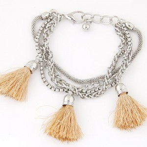Multi-layer Chains with Triple Thread Tassel Design Fashion Bracelet - Khaki