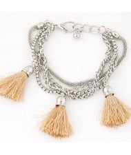 Multi-layer Chains with Triple Thread Tassel Design Fashion Bracelet - Khaki