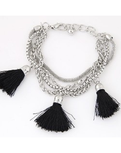 Multi-layer Chains with Triple Thread Tassel Design Fashion Bracelet - Black