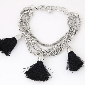 Multi-layer Chains with Triple Thread Tassel Design Fashion Bracelet - Black