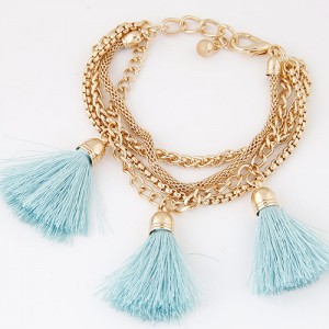 Multi-layer Chains with Triple Thread Tassel Design Fashion Bracelet - Blue