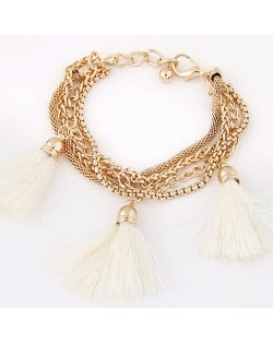 Multi-layer Chains with Triple Thread Tassel Design Fashion Bracelet - White