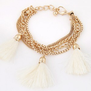 Multi-layer Chains with Triple Thread Tassel Design Fashion Bracelet - White