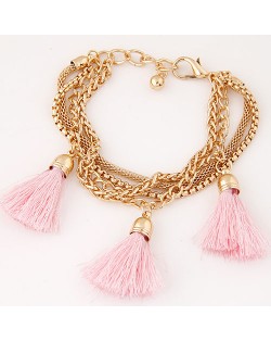 Multi-layer Chains with Triple Thread Tassel Design Fashion Bracelet - Pink
