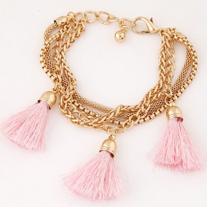 Multi-layer Chains with Triple Thread Tassel Design Fashion Bracelet - Pink