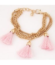 Multi-layer Chains with Triple Thread Tassel Design Fashion Bracelet - Pink