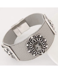 Square Glass Gem Inlaid Vintage Floral Decoration Design Leather Fashion Bangle - Gray