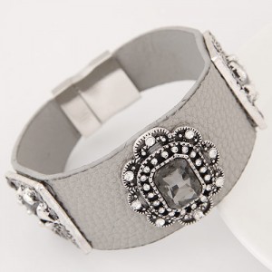 Square Glass Gem Inlaid Vintage Floral Decoration Design Leather Fashion Bangle - Gray