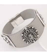 Square Glass Gem Inlaid Vintage Floral Decoration Design Leather Fashion Bangle - Gray