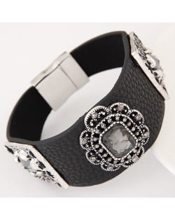Square Glass Gem Inlaid Vintage Floral Decoration Design Leather Fashion Bangle - Black