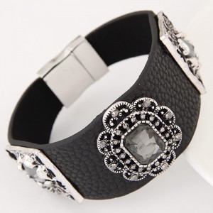 Square Glass Gem Inlaid Vintage Floral Decoration Design Leather Fashion Bangle - Black