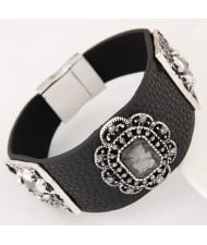 Square Glass Gem Inlaid Vintage Floral Decoration Design Leather Fashion Bangle - Black