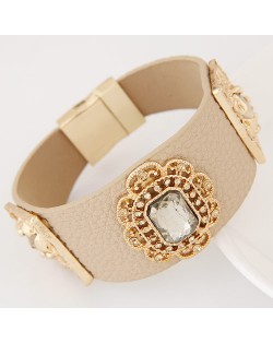 Square Glass Gem Inlaid Vintage Floral Decoration Design Leather Fashion Bangle - Khaki