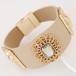Square Glass Gem Inlaid Vintage Floral Decoration Design Leather Fashion Bangle - Khaki