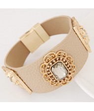 Square Glass Gem Inlaid Vintage Floral Decoration Design Leather Fashion Bangle - Khaki