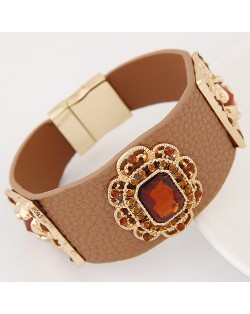 Square Glass Gem Inlaid Vintage Floral Decoration Design Leather Fashion Bangle - Brown