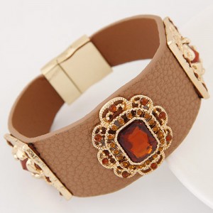 Square Glass Gem Inlaid Vintage Floral Decoration Design Leather Fashion Bangle - Brown