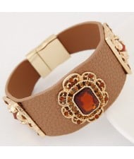 Square Glass Gem Inlaid Vintage Floral Decoration Design Leather Fashion Bangle - Brown