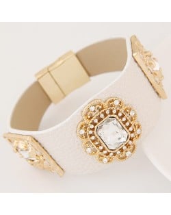 Square Glass Gem Inlaid Vintage Floral Decoration Design Leather Fashion Bangle - White