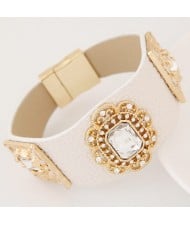 Square Glass Gem Inlaid Vintage Floral Decoration Design Leather Fashion Bangle - White