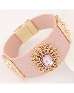 Square Glass Gem Inlaid Vintage Floral Decoration Design Leather Fashion Bangle - Pink