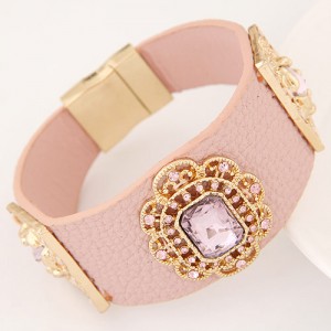 Square Glass Gem Inlaid Vintage Floral Decoration Design Leather Fashion Bangle - Pink