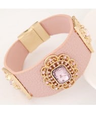 Square Glass Gem Inlaid Vintage Floral Decoration Design Leather Fashion Bangle - Pink