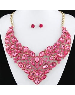 Glitering Assorted Gems Combined Luxurious Style Alloy Statement Fashion Necklace and Earrings Set - Pink